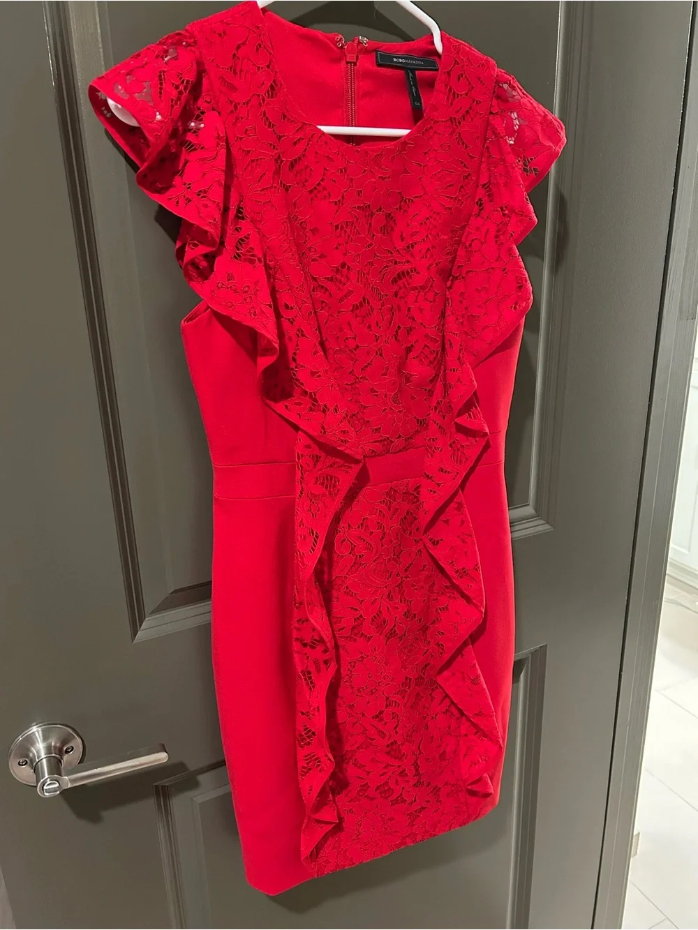 BCBGMaxAzria Red Lace Ruffle Cocktail Dress Size 4